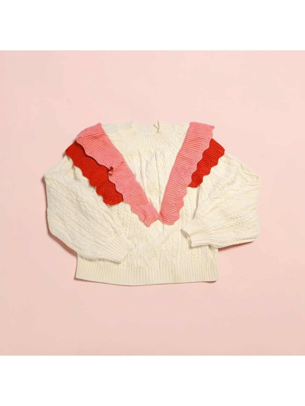 Strut and Bolt Ruffle Statement Sweater Ivory Cable Knit Pink Red Coquette Sz M
